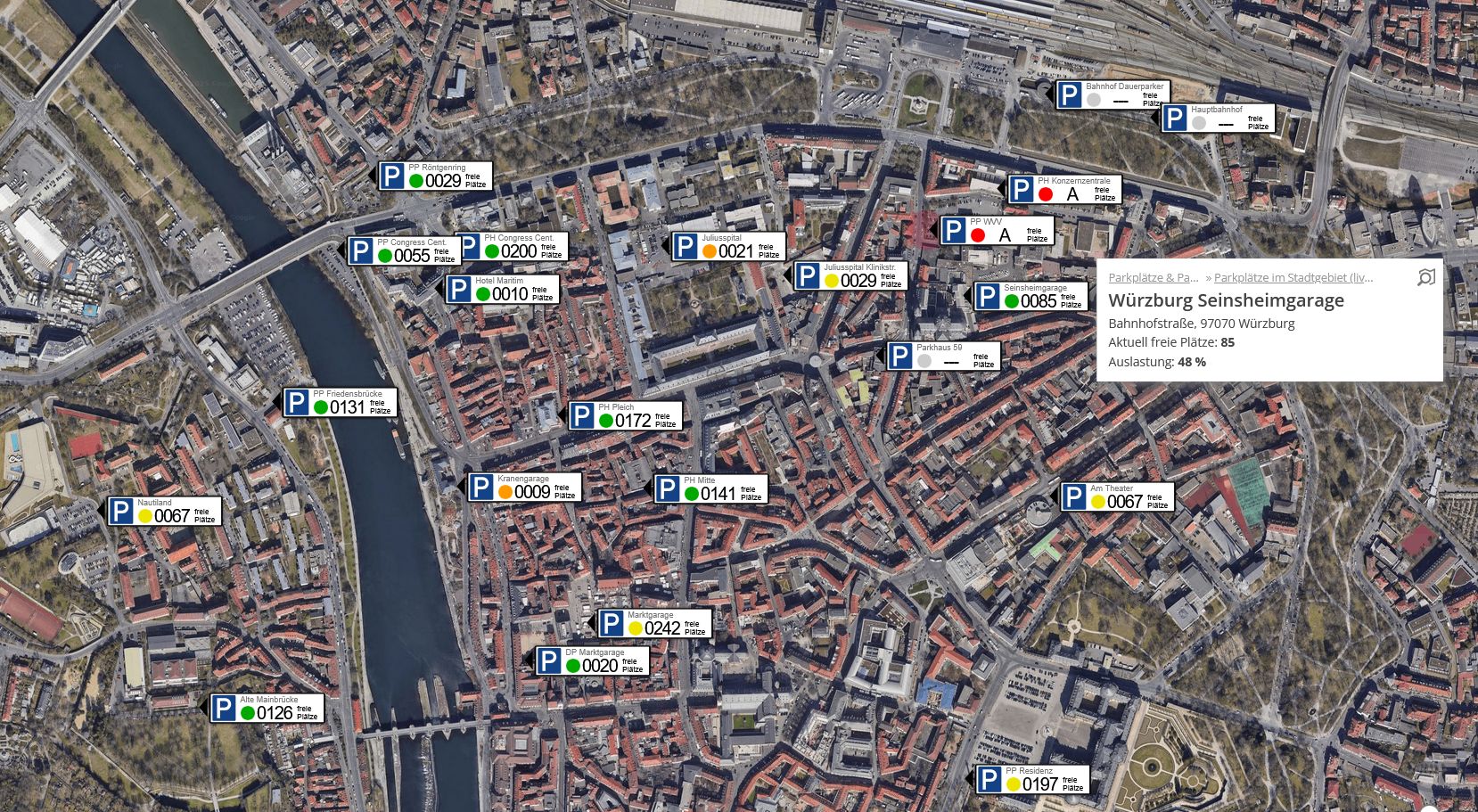 Geostadtplan Würzburg - Parkhausbelegung